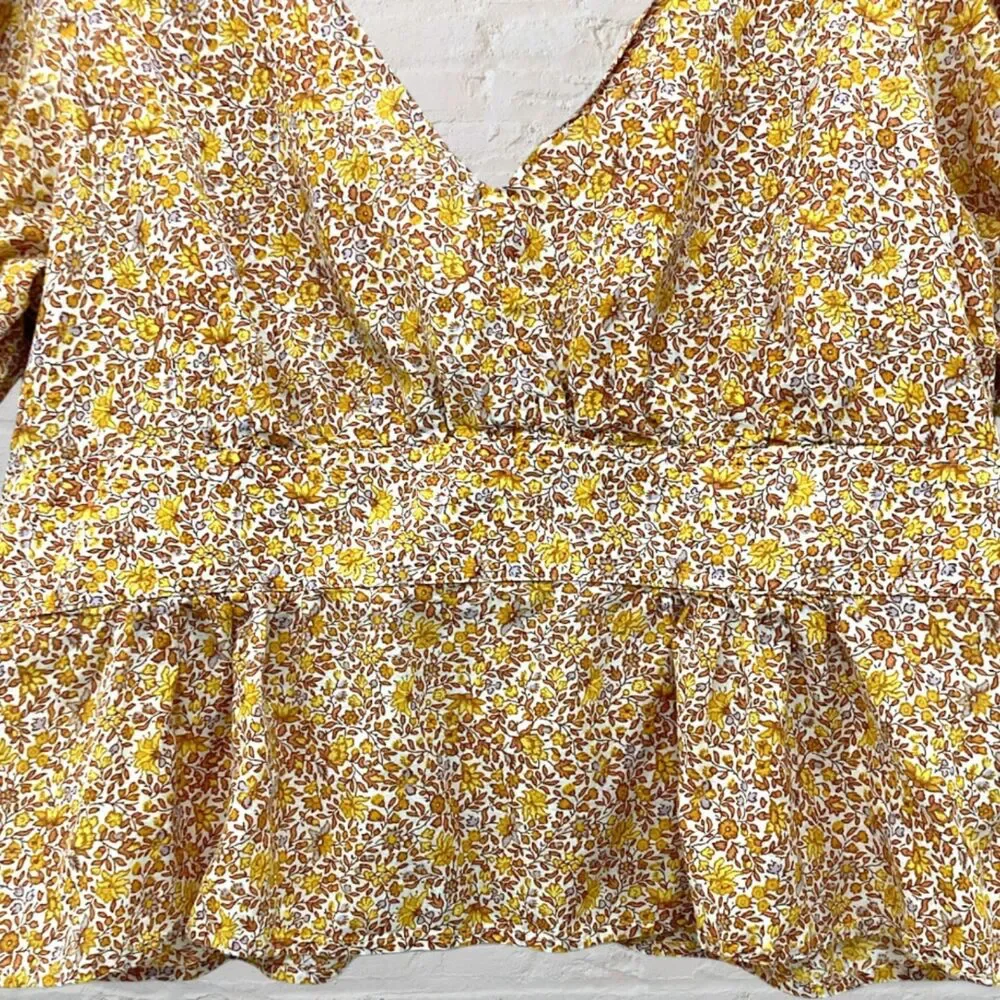 J.Crew Puff Sleeve Blouse Yellow Floral Peplum 16 Countryside Rustic Boho Summer